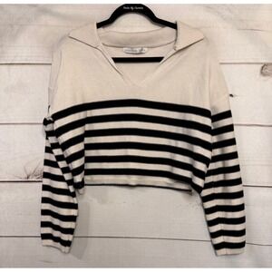 Altar State Striped Collared‎ V Neck Cropped Knit Sweater Women Size S